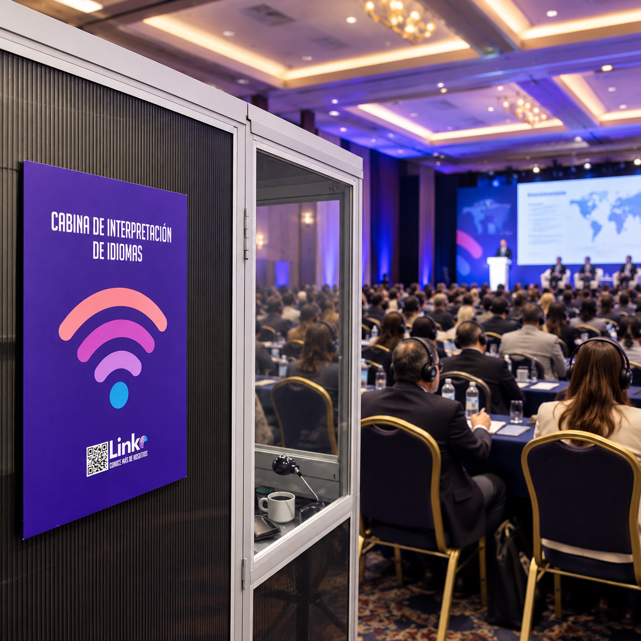 Cabina de interpretación simultánea en un evento