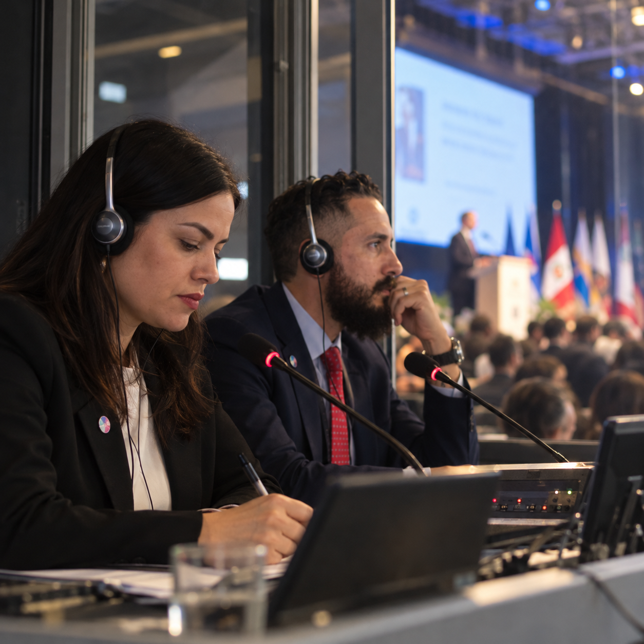 Intérpretes trabajando durante una conferencia internacional